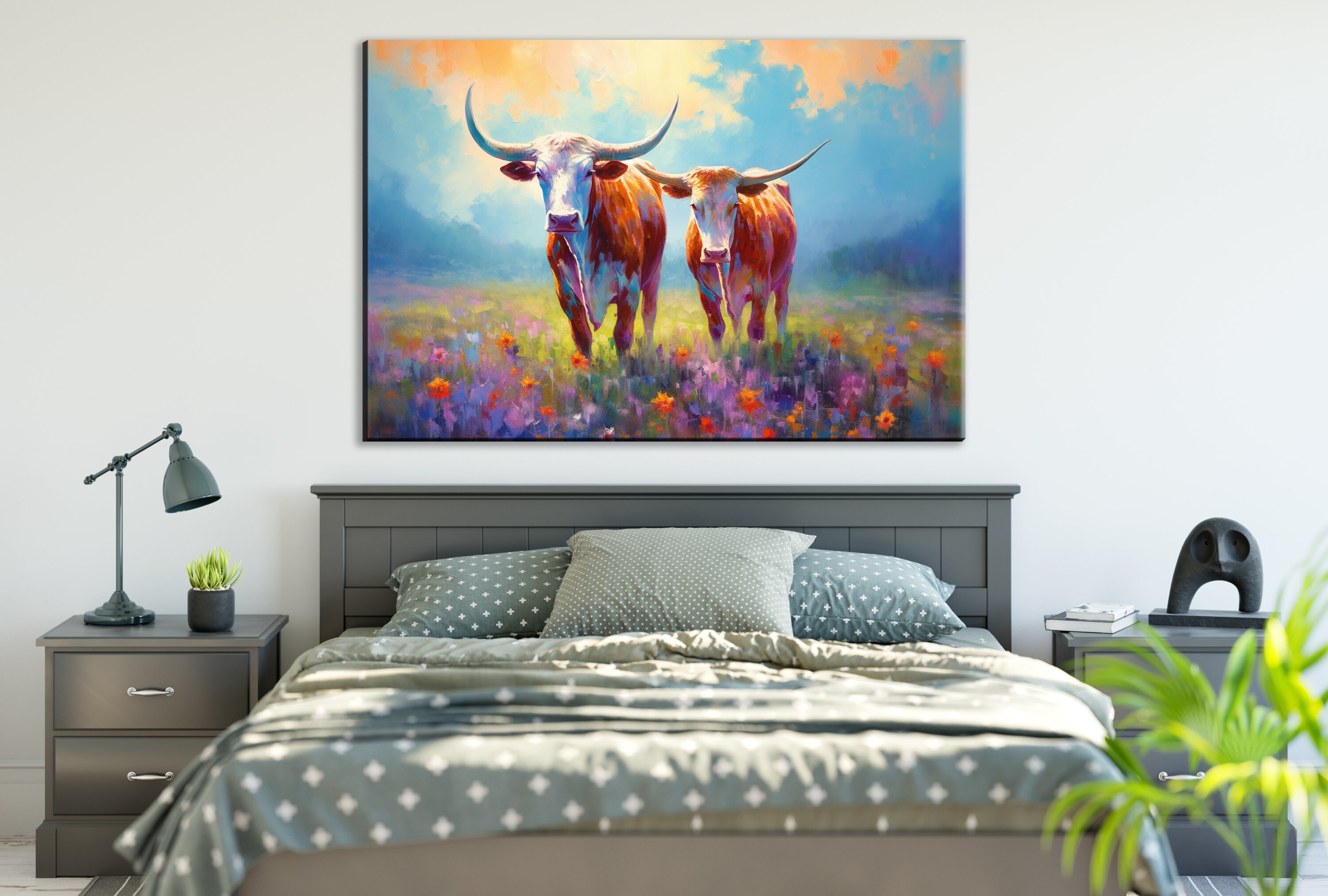 Wandbild Longhorn Kuh Mit Vögeln – Leinwanddruck 101x50 Cm, Rustikal, Für Wohnzimmer & Bauernhof-Stil