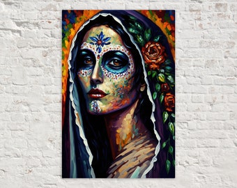 Day of the Dead Woman Canvas, Religious Painting, Dia De Los Muertos Print, Giclee Canvas Wall Art