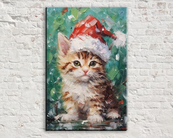 Cute Christmas Cat in Santa Hat - Cat Lovers Gift, Funny Holiday Art, Print on Gallery-wrapped Artist Canvas, Available in Extra Large Sizes