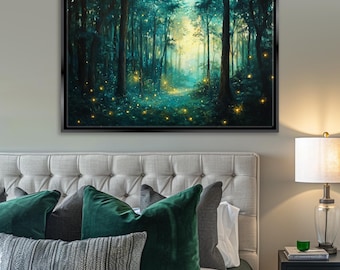 May include: A painting of a forest path with glowing fireflies. The path leads into a deep, dark forest with tall trees and lush foliage. The fireflies create a magical and enchanting atmosphere.