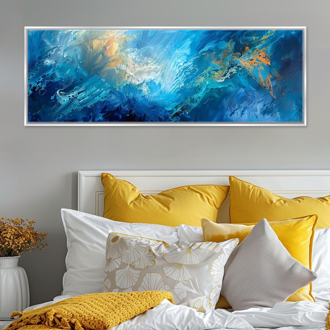 Modern Blue Yellow Abstract Panoramic Canvas Print, Framed or Unframed ...