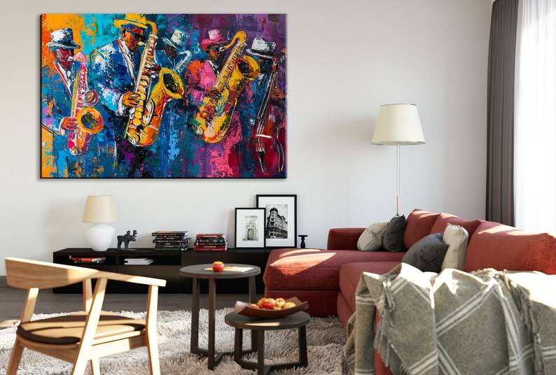 Vibrant Saxophone Jazz Band Wall Decor, Giclee Print on Gallerywrapped