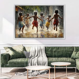 African Children Rainy Day Wall Art Decor Canvas Print, Framed or Unframed, Gallery-wrapped Giclée, Ready to Hang, Extra Large Wall Art