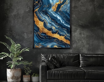 Modern Blue and Gold Marble Canvas Print, Framed or Unframed, Gallery-wrapped Giclée, Ready to Hang, Extra Large Wall Art