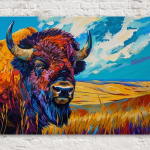 May include: A vibrant oil painting on canvas featuring a bison with thick fur in shades of deep red, purple, and blue. The animal stands in a golden prairie field under a bright blue sky with white clouds, rendered with bold, textured brushstrokes.