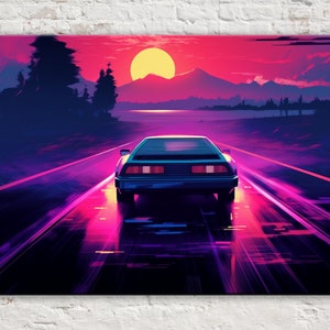 Neon Synthwave Sunset Drive, 80s Miami Outrun, Giclée Print on Gallery-wrapped Artist Canvas, Ready to Hang, Available in Extra Large Sizes
