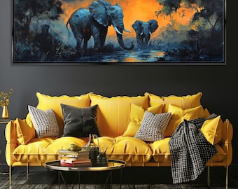 Wildlife Elephants Panorama, African Canvas Print, Framed Unframed, Long Horizontal Gallery-wrapped, Ready to Hang, Extra Large Wall Art