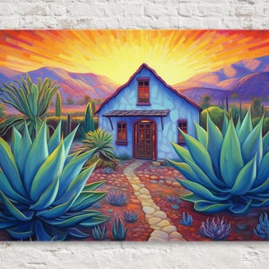 Desert Serenity in Blue: Agave Plants with Desert Adobe, Canvas Wall Decor, Giclee Print on Artist Canvas, Available in Extra Large Sizes