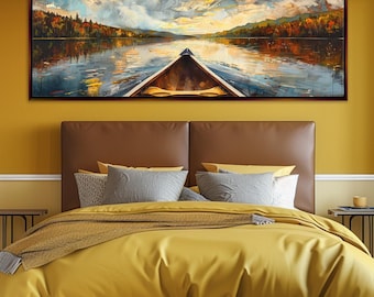 Panoramic Canoe on River, Lakehouse Wall Art, Framed Unframed, Long Horizontal Gallery-wrapped Giclée, Ready to Hang, Extra Large Wall Art