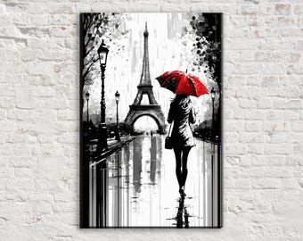 Paris Street Scene Canvas, Woman With Red Umbrella Wall Art, Black