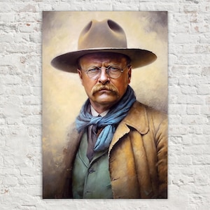 May include: Portrait of a man wearing a brown hat, glasses, and a blue scarf. He is also wearing a green jacket and a tan coat. The artwork has a vintage, painterly style.