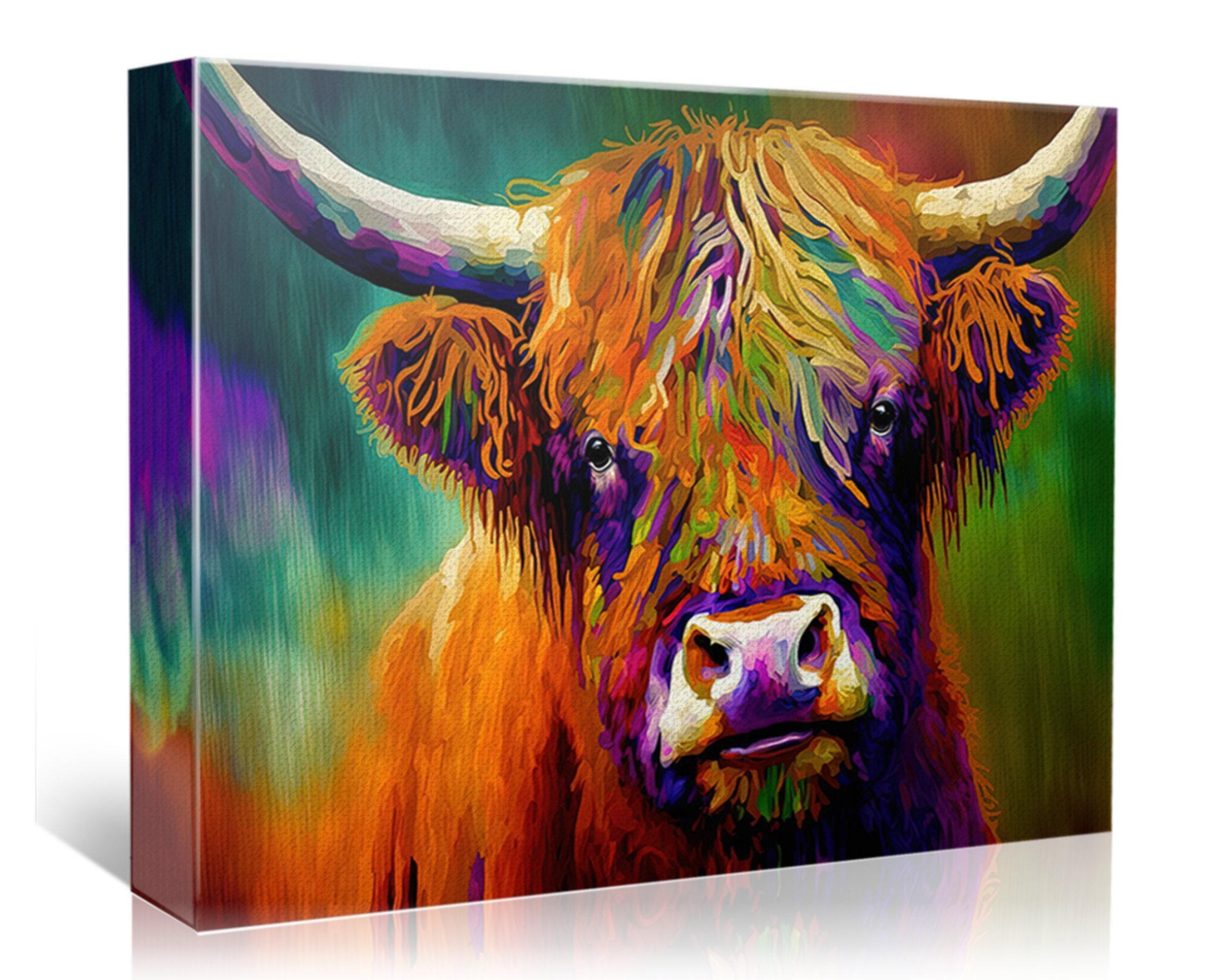 Highland Cow Canvas, Colorful Farmhouse Wall Art, Fashion Giclee Canvas ...