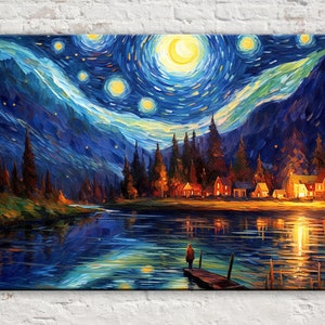 Starry Night Lake House at Night Wall Art, Giclée Print on Gallery-wrapped Artist Canvas, Ready to Hang, Available in Extra Large Sizes