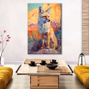 a large painting of a fox on the wall of a living room, with a wooden coffee table in front of it.