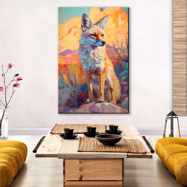 a large painting of a fox on the wall of a living room, with a wooden coffee table in front of it.
