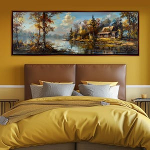 Rustic Cabin on the Lake Panoramic Canvas, Framed or Unframed, Long Horizontal Gallery-wrapped Giclée, Ready to Hang, Extra Large Wall Art