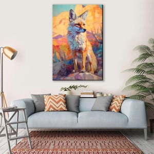 a large painting of a fox on the wall of a living room.