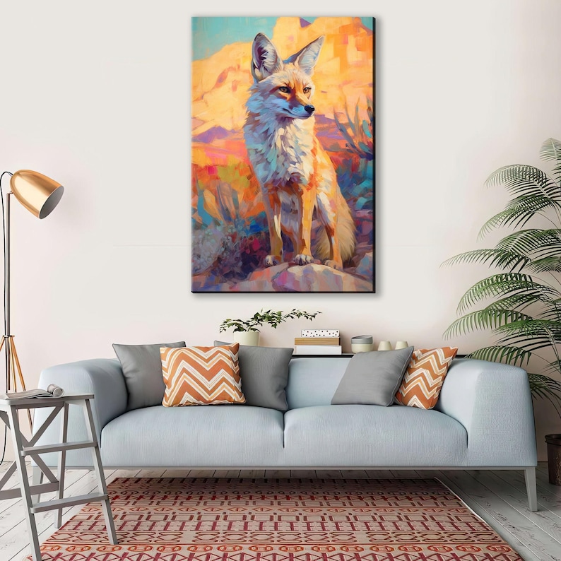 a large painting of a fox on the wall of a living room.