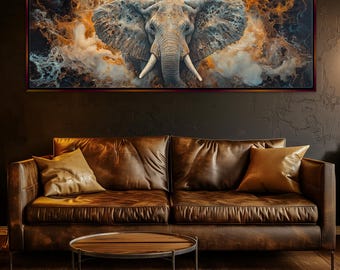 Panoramic Abstract Elephant Canvas, Modern Print, Framed Unframed, Long Horizontal Gallery-wrapped, Ready to Hang, Extra Large Wall Art