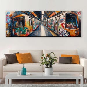 Urban Graffiti on Subway Train, Street Art Canvas, Framed Unframed, Long Horizontal Gallery-wrapped, Ready to Hang, Extra Large Wall Art