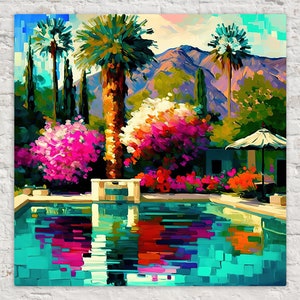 Palm Springs Canvas Print, Pool Scene Painting Print, Vibrant Colorful Art