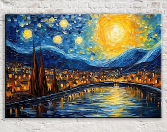 Van Gogh Starry Night Canvas Print, Wall Art, Modern Reimagination Painting, Beautiful Night Scene, Large Canvas Wall Art