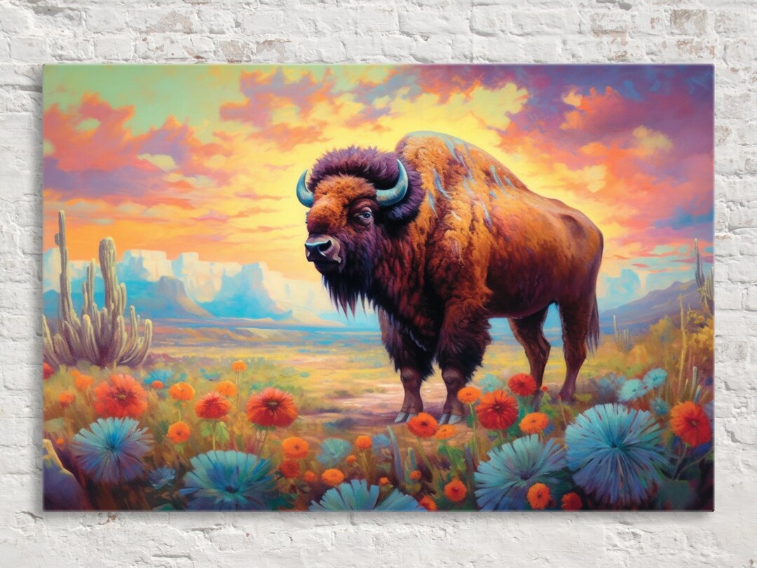 Vintage American Bison Canvas Print, Texas Desert Wildlife Scene, Print