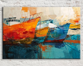 Abstract Boats in the Harbor, Blue Orange, Giclee Print on Gallery-wrapped Artist Canvas, Ready to Hang, Available in Extra Large Sizes