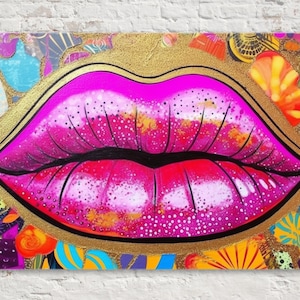 Gold Glitter Lips, Exquisite Canvas Wall Art of Woman&#39;s Lips, Feminine Pop Art Decor, Available Extra Large Sizes