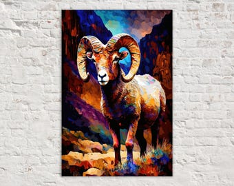 Bighorn Sheep Canvas Print, Wild Animal Painting, Colorful Southwestern Decor Giclee Print