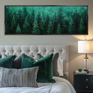 Panoramic Emerald Green Pine Forest Canvas Print, Framed or Unframed, Long Horizontal Gallery-wrapped, Ready to Hang, Extra Large Wall Art