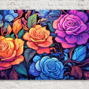 Floral Rose Canvas, Rose Bouquet Wall Art, Flower Painting Print, Large Canvas Print, High Quality Canvas with Real Wood Frame