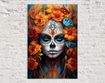 Sugar Skull Flower Hair Woman, Dia De Los Muertos Decor, Latin Spiritual Painting, Large Giclee Canvas Wall Art