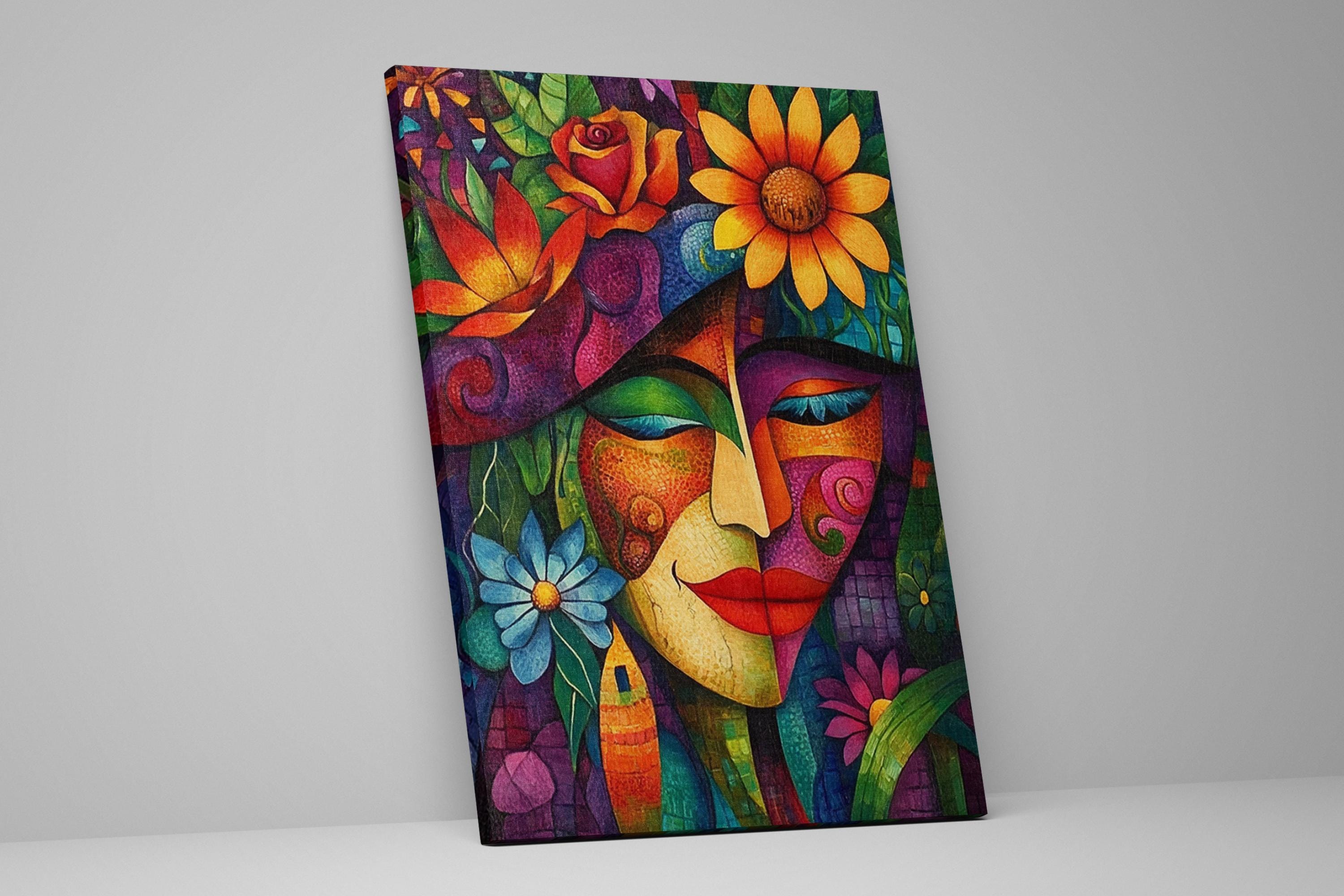 Cubist Mexican Folk Art Face Canvas Print, Hispanic Wall Art, Framed ...
