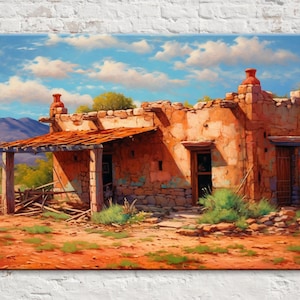 May include: An oil painting of a weathered adobe building with a red tile roof, set against a backdrop of a blue sky with fluffy white clouds. The building has a porch and a door. The foreground features desert vegetation.