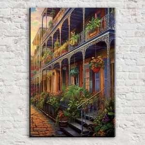 New Orleans Street Scene, French Quarter Cityscape Painting Print, Large Canvas Art, Real Wood Frame, High Quality Canvas