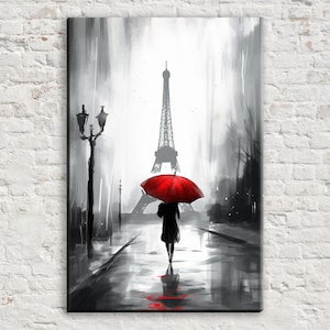 Black and White Paris Canvas,  French Woman with Red Umbrella, Paris Street Scene Painting, Eiffel Tower Giclee Print, Large Canvas Print