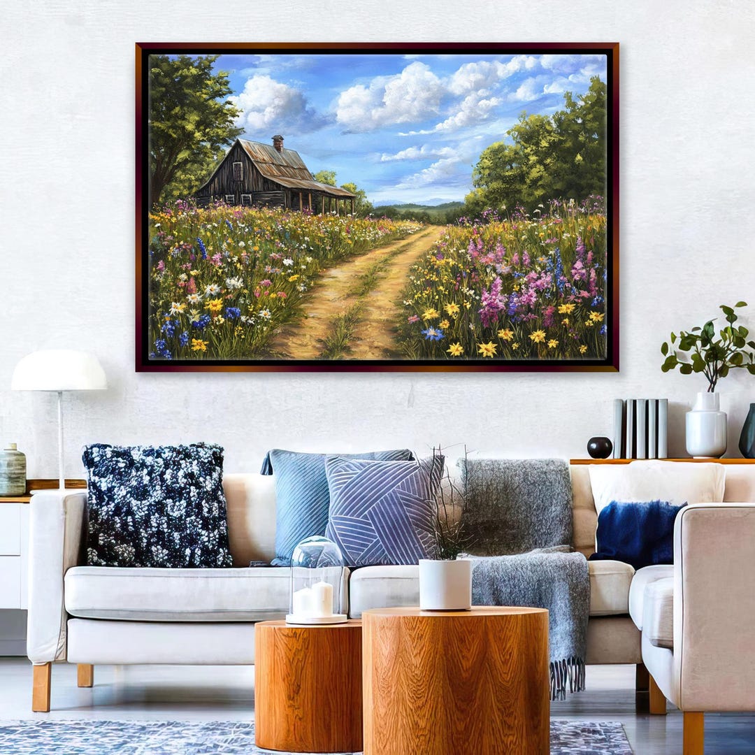 Rustic Wildflower Landscape – Country Farmhouse Canvas Print, Framed ...