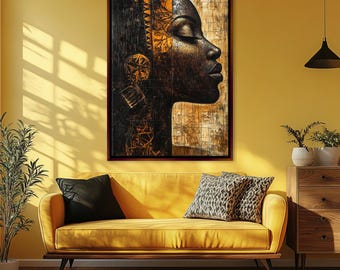May include: A black and gold abstract painting of a woman's face in profile. The woman has closed eyes and her face is painted in a stylized way. The background is a textured gold and brown.
