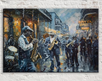 New Orleans Jazz Band Kunst, lebendige Bourbon Street Band | Gerahmt oder ungerahmt, fertig zum Aufhängen, erhältlich in extra großen Größen