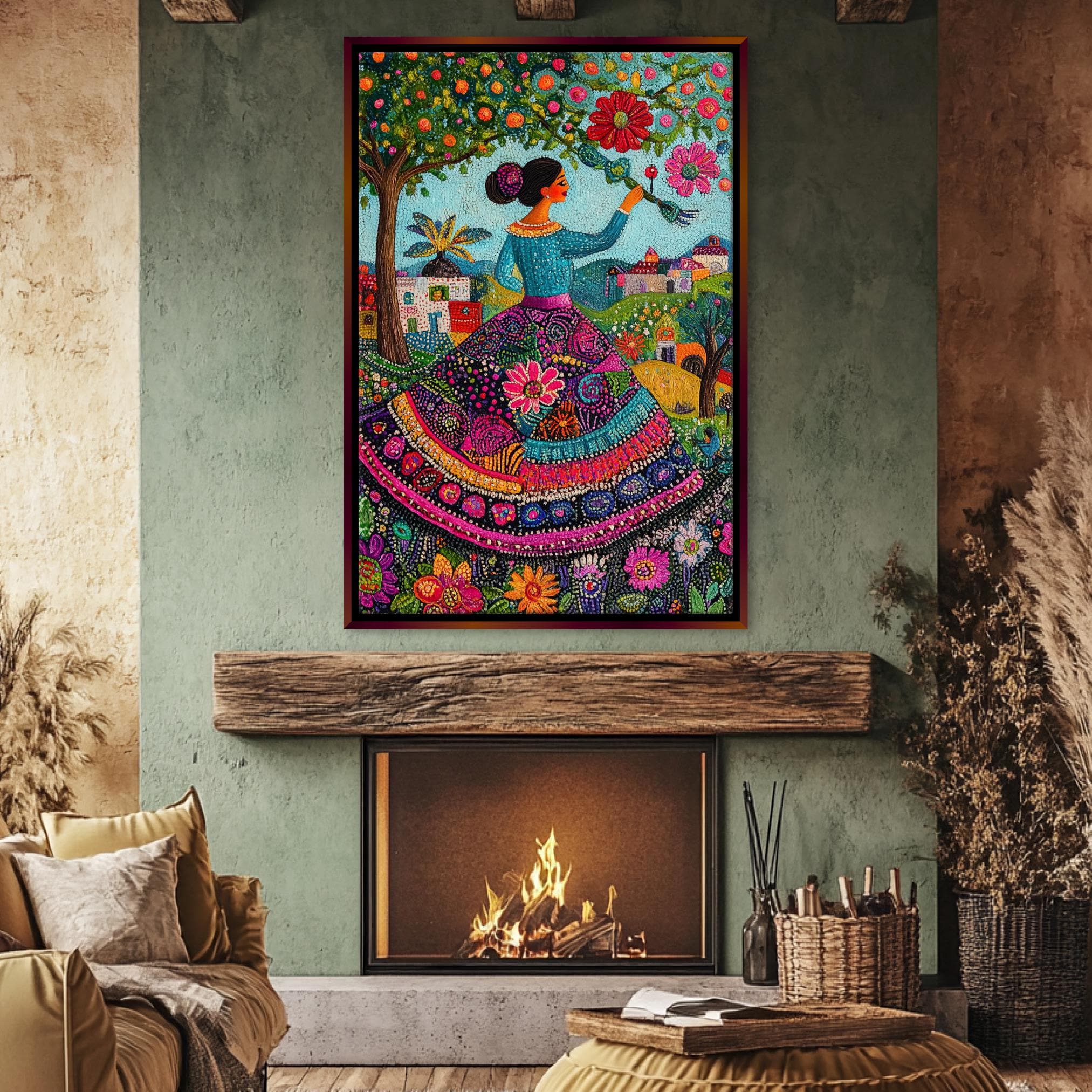 Vibrant Mexican Folk Art Canvas Print, Colorful Latin Decor, Framed ...