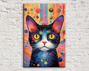 Whimsical Cat Canvas Wall Art Print, Cute Kitten Painting, Large Wall Art, Black Cat Pop Art