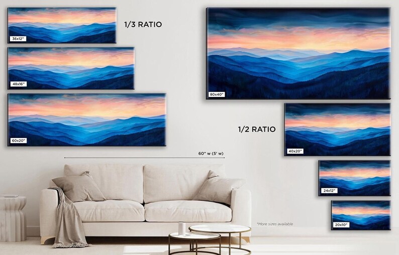 a living room with a couch and paintings on the wall