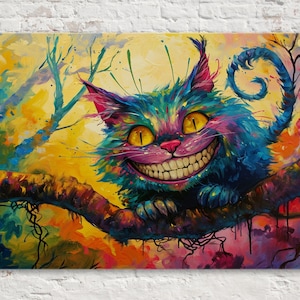 Cheshire Cat Painting on Canvas – Fantasy Wonderland Decor, Giclee Print on Gallery-wrapped Artist Canvas, Available in Extra Large Sizes