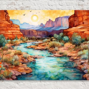 Arizona Sonne und Fluss, Desert Canyon Art. Kunst im Südwesten der Wüste, Landschaft des Südwestens, Western Cape auf großer Leinwand