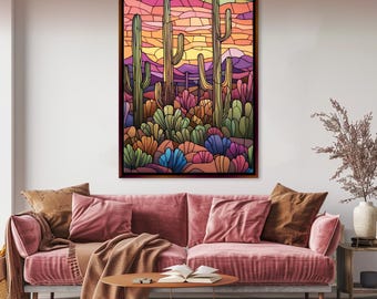 Bold Saguaro Cactus in Stained Glass Style Desert Canvas Print, Framed Unframed, Gallery-wrapped Giclée, Ready to Hang, Extra Large Wall Art