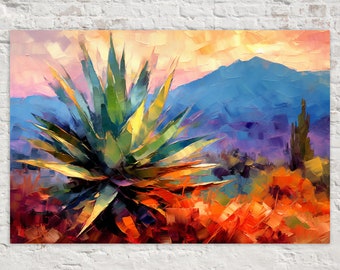 Abstract Agave Painting, Desert Cactus Canvas Print, Southwestern Landscape Scenery
