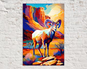 Bighorn Sheep Canvas, Desert Wildlife Art Print, Southwest Animal Wall Art Giclee Print