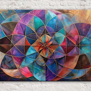 May include: Abstract geometric canvas art featuring a symmetrical design with intersecting lines and shapes. The artwork showcases a vibrant palette of colors, including blues, purples, reds, and gold accents. The overall composition creates a visually engaging and dynamic piece.