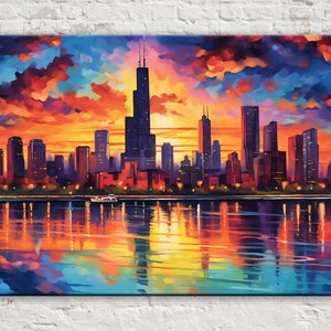 Chicago Skyline at Night Canvas Print, Vibrant Chicago City Lights, Modern Chicago Painting, Illinois Artwork, Large Canvas Art